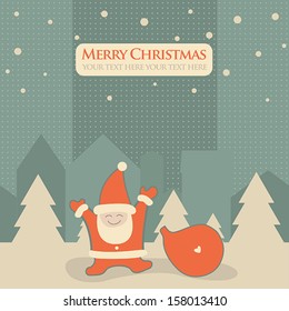 Christmas, New Year greeting card with lovely cartoon Santa Claus, winter season theme. Banner,postcard,sticker, poster design template. Vector illustration.