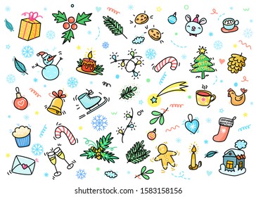 Christmas and New Year greeting card. Hand drawn Christmas and New Year background. Doodle vector illustration.