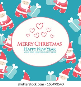 Christmas, New Year greeting card with lovely cartoon Santa Claus and present boxes, winter season theme. Banner,postcard,sticker, poster design template. Vector illustration.