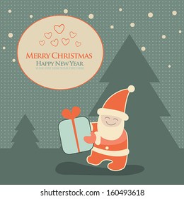 Christmas, New Year greeting card with lovely cartoon Santa Claus holding a present box, winter season theme. Banner,postcard,sticker, poster design template. Vector illustration. Retro,vintage colors