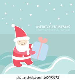 Christmas, New Year greeting card with lovely cartoon Santa Claus holding present box, winter season theme. Banner,postcard,sticker, poster design template. Vector illustration.