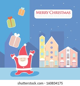 Christmas, New Year greeting card with lovely cartoon Santa Claus holding present box, winter season theme. Banner,postcard,sticker, poster design template. Vector illustration.