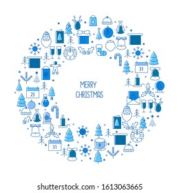 Christmas and New Year greeting card. Blue pallet. Thin line elements, vector illustration.