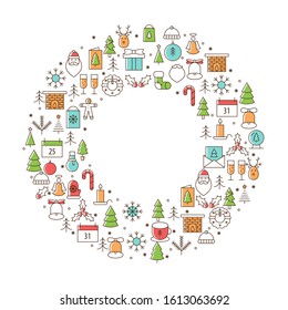 Christmas and New Year greeting card. Thin line elements, vector illustration.