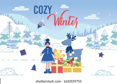 Christmas or New Year Greeting Card with Adorable Little Girl and Reindeer Stand on Snowy Landscape Background with Pile of Gifts and Present Boxes. Cozy Winter Cartoon Flat Vector Illustration Banner