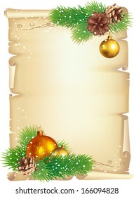 Christmas and New Year greeting card or background with pine branches, cones and balls