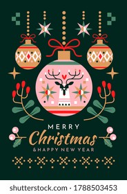 Christmas and New Year greeting card design with colorful decorative baubles, holly and mistletoe above text, colored vector illustration