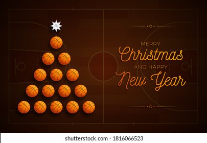 Christmas and new year greeting card. Creative Xmas tree made by basketball ball on basketball field background for Christmas and New Year celebration. Sport greeting card