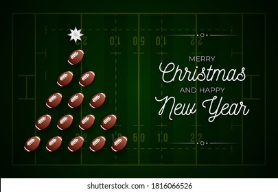 Christmas and new year greeting card. Creative Xmas tree made by american football ball on field background for Christmas and New Year celebration. Sport greeting card