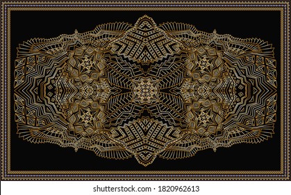 Christmas and New Year greeting card, shawl, rug, mat, Batik bandana paint. Carpet print from gold colored ethnic geometrical pattern, art deco stripes on a dark black background and ornate frame 
