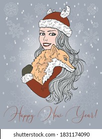 Christmas and New Year greeting card with happy girl holding pretty fox. Vector hand drawn doodle illustration, seasonal background, design element for banners, invitations