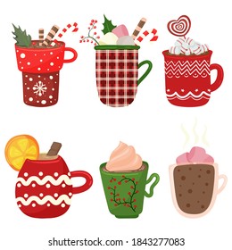 Christmas, New Year greeting card, invitation. Hand drawn cup of hot chocolate or coffee decorated by holly berries, cream and candy cane.Vector illustration, lettering