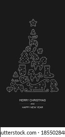 Christmas and New year greeting card design. Composition of Christmas tree with stylized deer, hors, tree, rabbit, sock, mitten, heart, sleigh, bird, star, wreath, bell, house. Vector illustration 