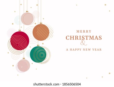 Christmas and New Year greeting card. Abstract vector illustration of Christmas decoration balls for office and business projects. Modern geometric design. Can be used for banners, holiday invitations