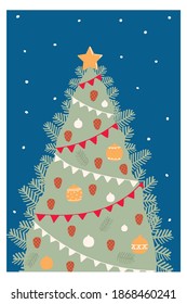 Christmas And New Year Greeting Card With A Christmas Tree. Merry Christmas. Scotch Pine. Vector Illustration In Flat Style