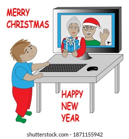 Christmas or New Year greeting card. Grandparents congratulate their grandson via computer in new conditions of coronavirus pandemic. 