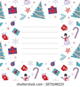 Christmas and new year greeting card. Funny attributes of Xmas celebration - snowman, sweets, traditional tree, gifts. Printable banner. Texture design template, place for text. Vector illustration
