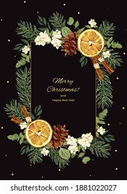 Christmas or New Year greeting card with spruce, snowberry, pine cones, dried slices of orange, cinnamon and golden confetti. Vertical invitation on a black background. Stock vector illustration.