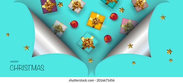 Christmas and New Year Greeting Card with Traditional Festive Elements. Square paper sheet with curled corner.