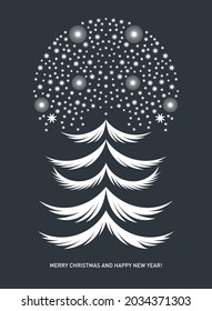 Christmas and New Year Greeting card design . Stylized fir tree and snowballs on black