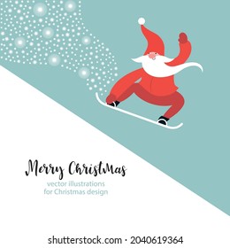 Christmas and New Year greeting card. Cute Gnome snowboarding. 