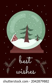 Christmas and New Year greeting card with snow globe. Cute winter snowball with tree and house inside on wooden stand. Flat vector illustration 