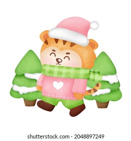Christmas and New year greeting card with cute tiger in watercolor style .