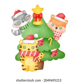 Christmas and New year greeting card with cute tiger and friends in watercolor style .