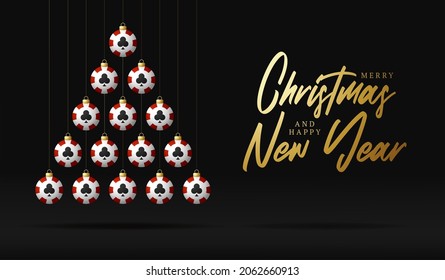 Christmas and new year greeting card casino chip bauble tree. Creative Xmas tree made by poker chip on black background for Christmas and New Year celebration. Sport greeting card