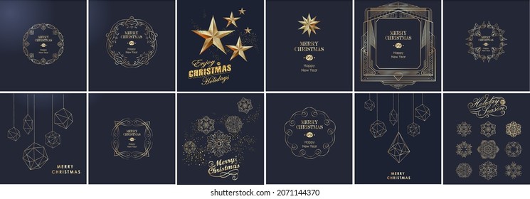 Christmas and New Year greeting card and poster design with festive calligraphy, snowflakes stars and monograms. Vector