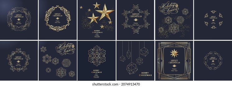 Christmas and New Year greeting card and poster design with festive calligraphy, snowflakes stars and monograms. Vector
