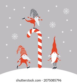 Christmas and New Year Greeting card. Gnomes and big candy cane	
