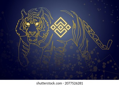 Christmas and New Year Greeting Card 2022. Tiger with the cryptocurrency logo. T-shirt print, web design, banner, social networks. Vector.