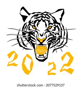 Christmas and New Year Greeting Card 2022. Tiger with a cryptocurrency coin. Bitcoin. T-shirt print, web design, banner, social networks. Vector.