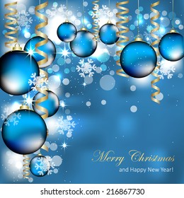 Christmas and New Year greeting card with christmas balls, snowflakes and ribbons