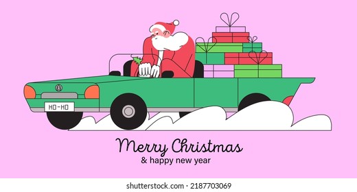 Tarjeta de felicitación de Navidad o Año Nuevo con santa claus montando un auto entregando regalos o regalos a la gente. Banner creativo, página web de tarjetas, afiche, publicidad en medios sociales con divertido santa moderna.