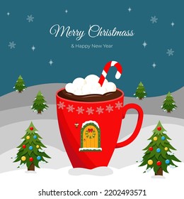 Christmas and New Year greeting card, invitation. Cup of hot chocolate or coffee decorated by marshmallow, candy cane, door, wreath and flashlight . Vector illustration. Greeting card, banner, poster.