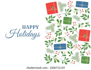 Christmas and New Year greeting card. Winter twigs, berries and gift boxes. Flat style. Happy Holidays. Vector illustration