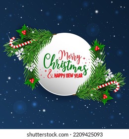 Christmas and New Year greeting card. Green needles on a circle with magic wands, snowflakes, holly berries and snowfall on a dark blue background.