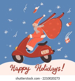 Christmas, New Year greeting card design with Happy Holidays lettering. Biker Santa Claus driving crazy on his red retro scooter with a wind-blown scarf and jumping gifts bag. Vector flat illustration