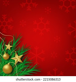 Christmas and new year greeting card. golden star and baubles on green pine branches on red background with snowflake pattern