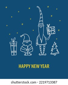 Christmas and New Year greeting card, poster, holiday cover. Minimalist Christmas design in blue, yellow and white with hand-drawn Santa Clauses and gift boxes. 