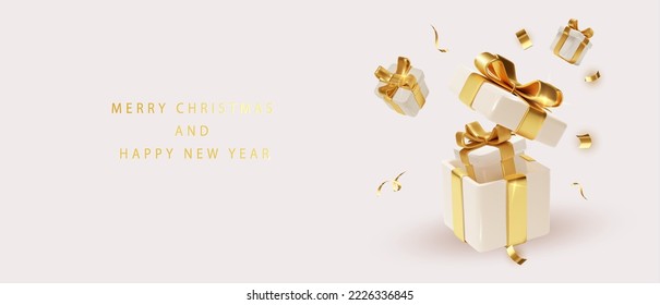 Christmas and New Year greeting card with transparent balls and confetti.