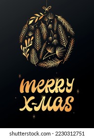 Christmas and New year greeting card, poster, print, invitation design. Lettering quote Merry x-mas decorated with fir tree branches on black background. EPS 10