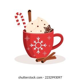 Christmas, New Year greeting card, invitation. Vector cup of hot chocolate or coffee decorated with cream, candy, cookie and cinnamon.Vector illustration
