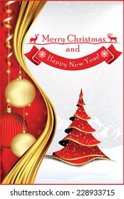 Christmas and New Year greeting card for print. Contains a red Christmas tree, Christmas balls.  Custom size for a print card.