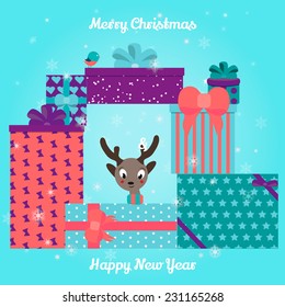 Christmas and New Year Greeting card. Deer head with gifts and Christmas background and funny bird.