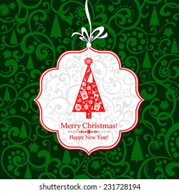 Christmas and New Year greeting card. Celebration background with Christmas tree, gift boxes and place for your text. Vector Illustration