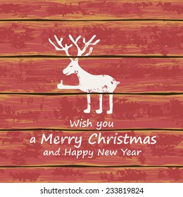 Christmas and New Year greeting card. Illustration with funny deer on a wooden boards background