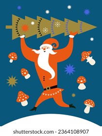 Christmas and New Year Greeting card. Gift card, banner design. Funny Santa Claus with a xmas tree